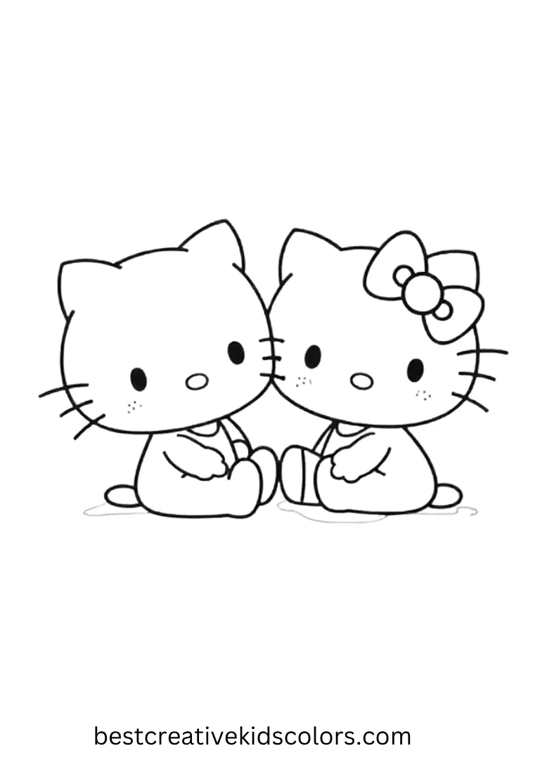Hello Kitty Sitting with Friends Coloring Page Kitty sits with one friend, both smiling in a clean, easy-to-color scene.