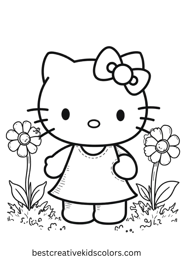 Hello Kitty Smiling in a Flower Garden Coloring Page Kitty stands among a few big flowers, clean outlines make coloring simple for little hands.