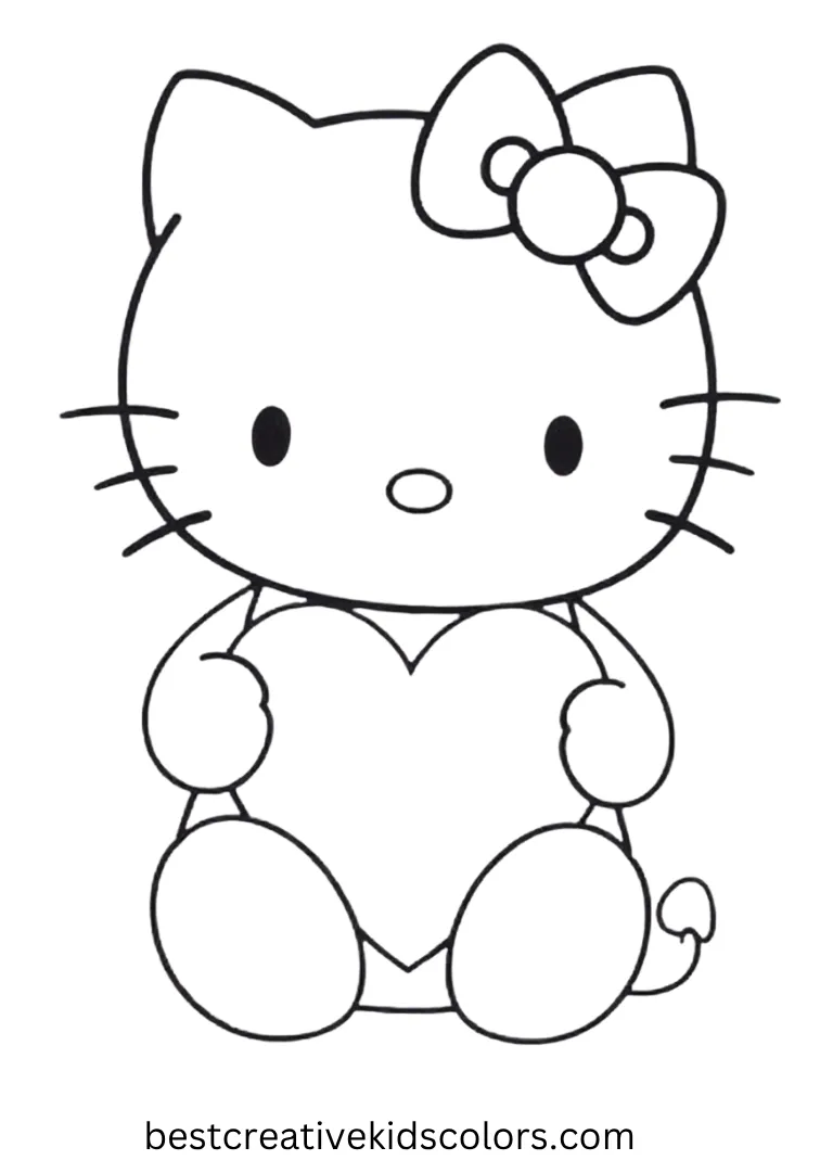 Hello Kitty and a Big Heart Coloring Page Kitty holds a large heart in her paws with clear outlines for easy coloring fun.