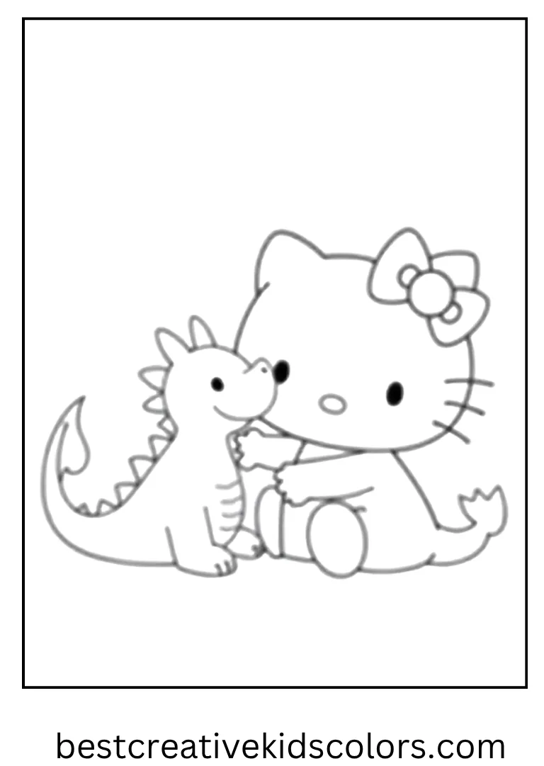 Hello Kitty pets a cheerful dragon sitting beside her, both smiling gently.