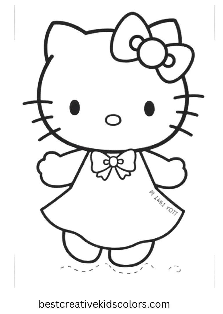 Kitty twirls in a big bow dress, a cute and easy Hello Kitty coloring page for toddlers.