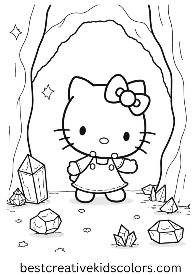 Hello Kitty in a Crystal Cave Coloring Page Kitty explores a bright crystal cave, admiring shiny gemstones around her.