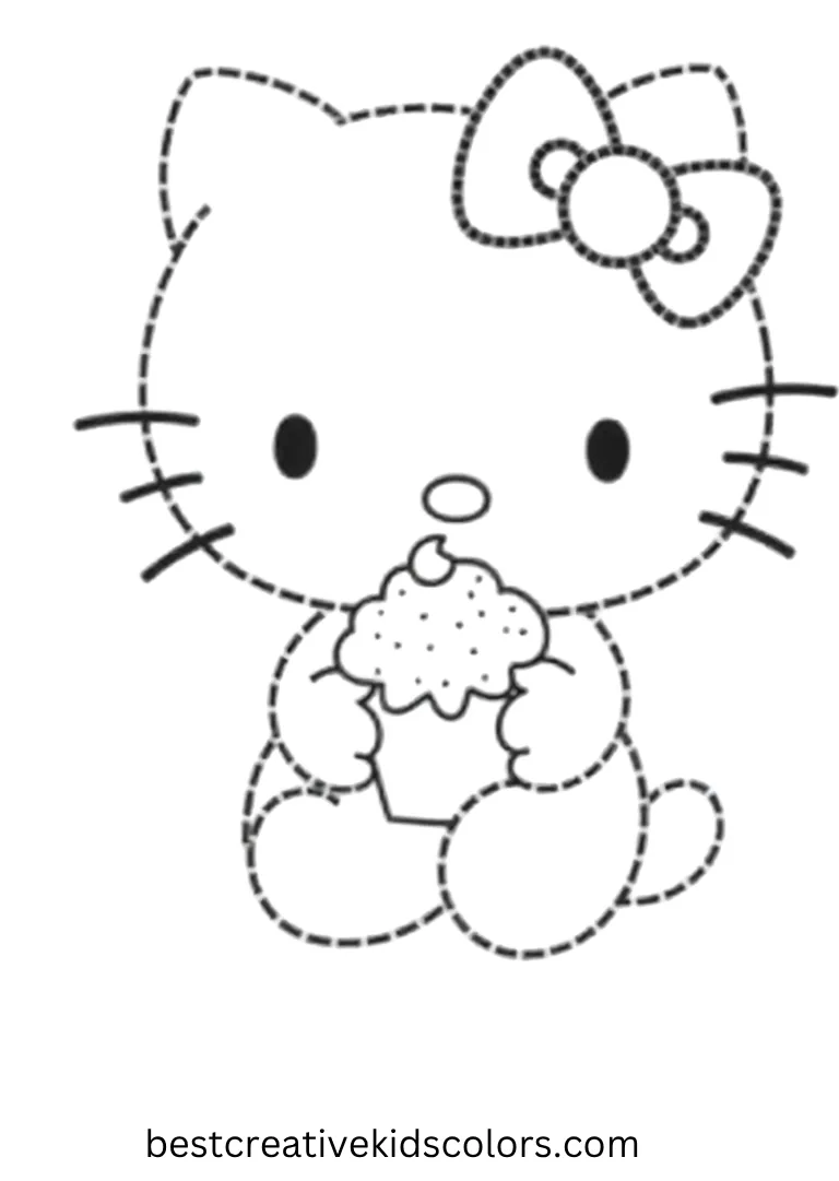 Kitty smiles while holding a cupcake, an easy scene for little hands to color.