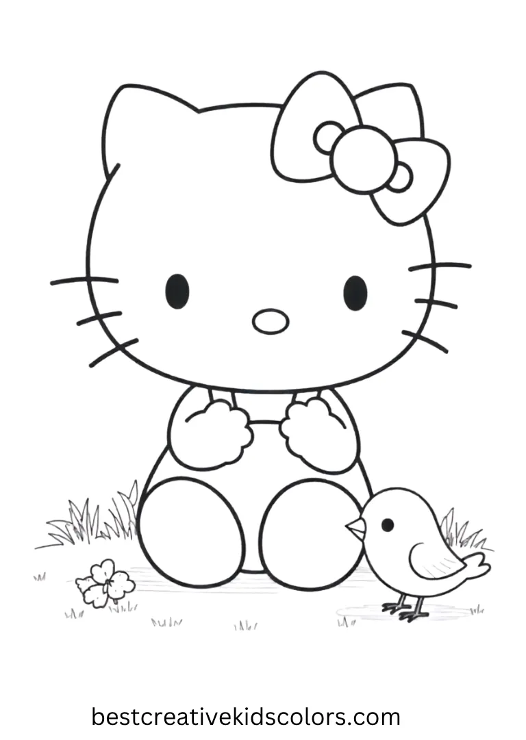 Kitty watches a tiny bird perched nearby, a simple and cute Hello Kitty coloring page.