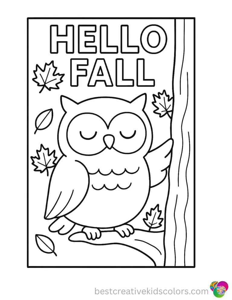 Hello fall coloring page peacefully features a little owl touching a rough tree bark completely.