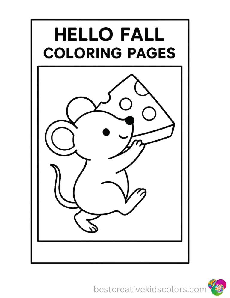 A sweet drawing in hello fall coloring pages shows a tiny mouse lifting a piece of cheese.