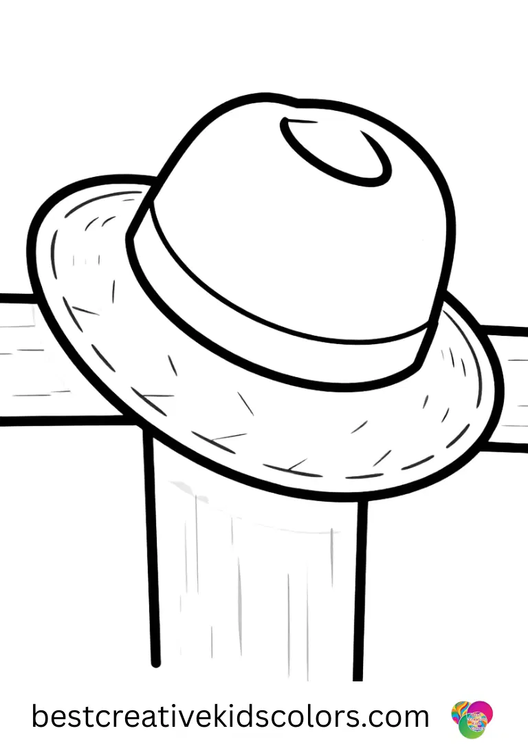 Hello june coloring page free shows a straw hat hanging quietly on a fence post.