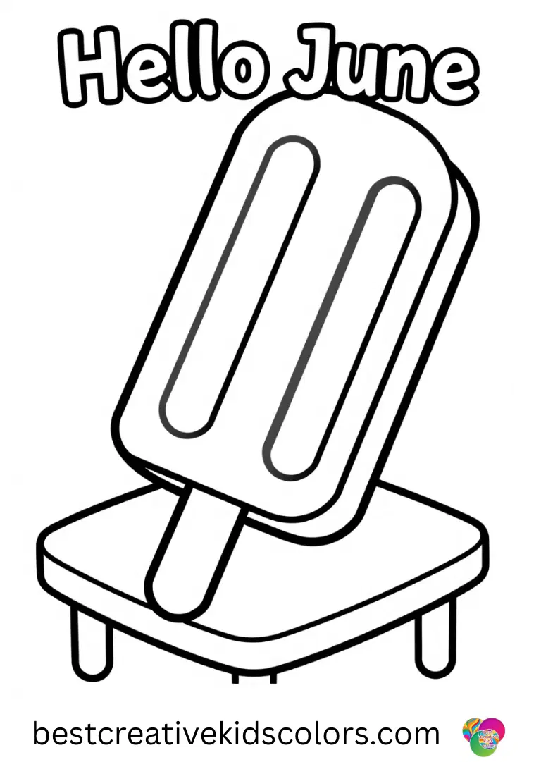 Hello june ice cream coloring page easy features a popsicle being unwrapped slowly at a picnic table.