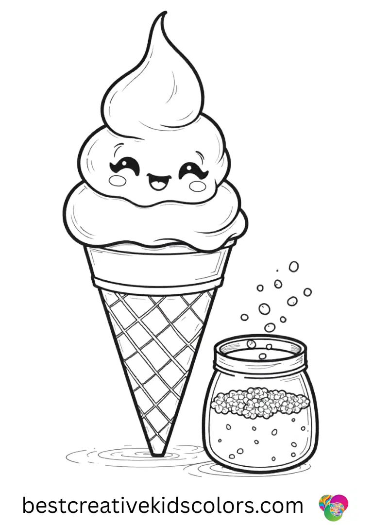 Sprinkles are poured into a small jar next to a cone in Hello june ice cream coloring page free download