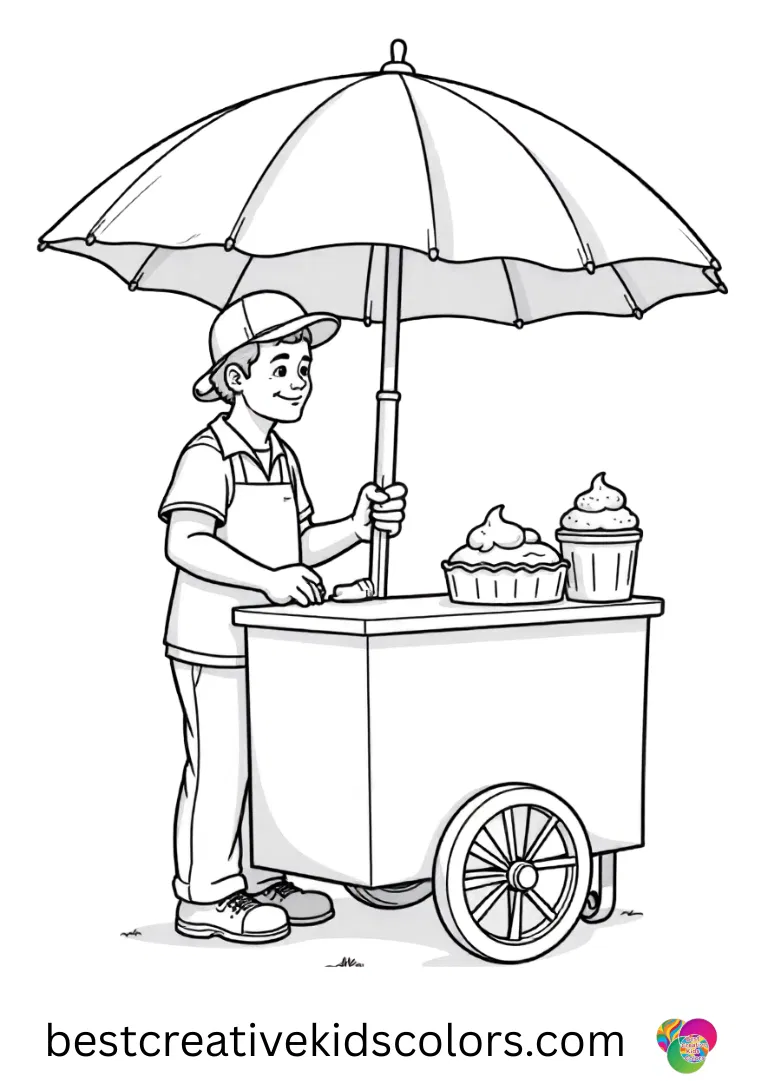 A vendor closes a striped umbrella beside a cart in Hello june ice cream coloring page pdf free download.