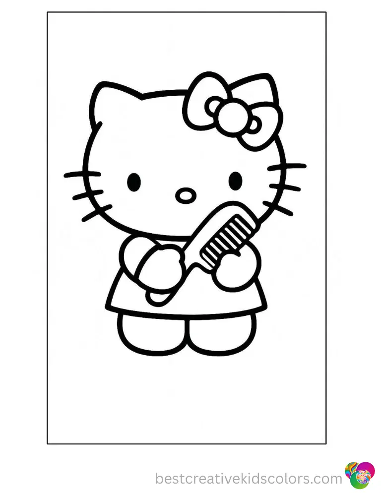 Hello Kitty is gently holding a plastic hair comb in Hello kitty black and white coloring pages.