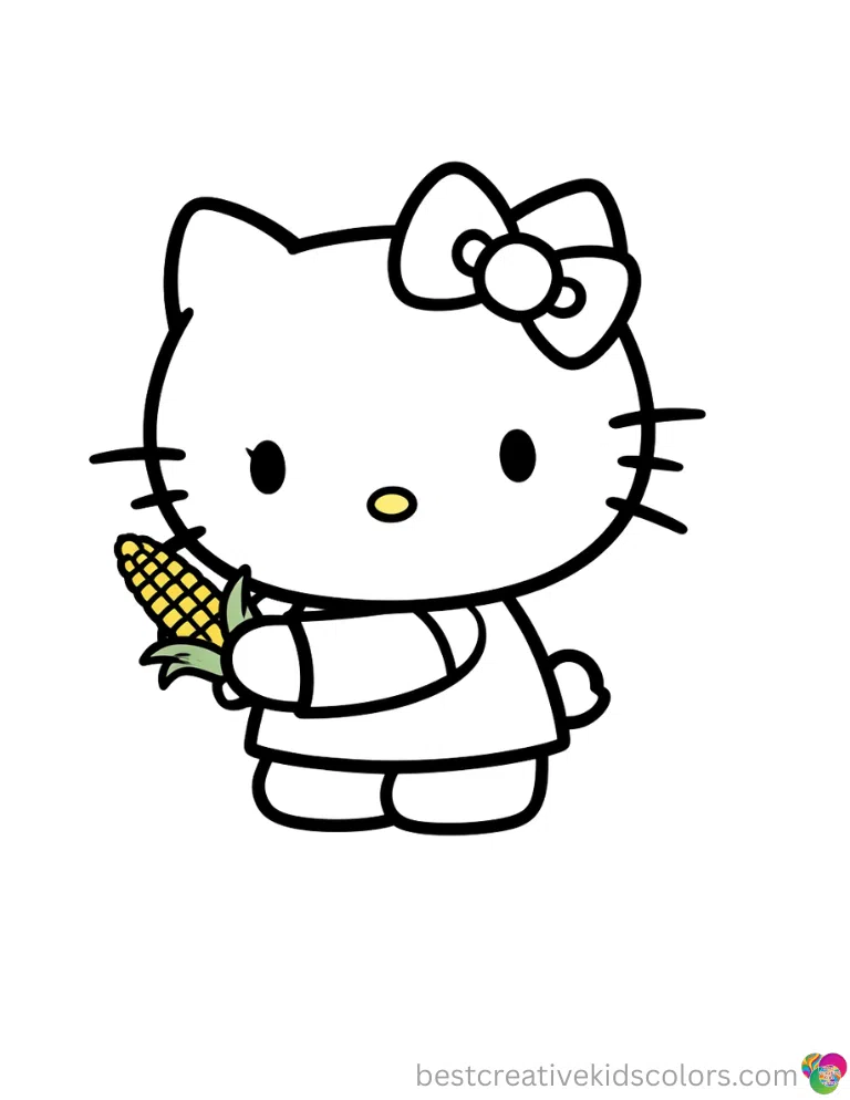 Hello Kitty peacefully lifts a small yellow corn cob up in hello kitty coloring pages fall.