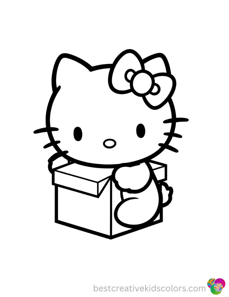 Hello Kitty smoothly closes a tiny cardboard box in Hello kitty coloring pages free printable.