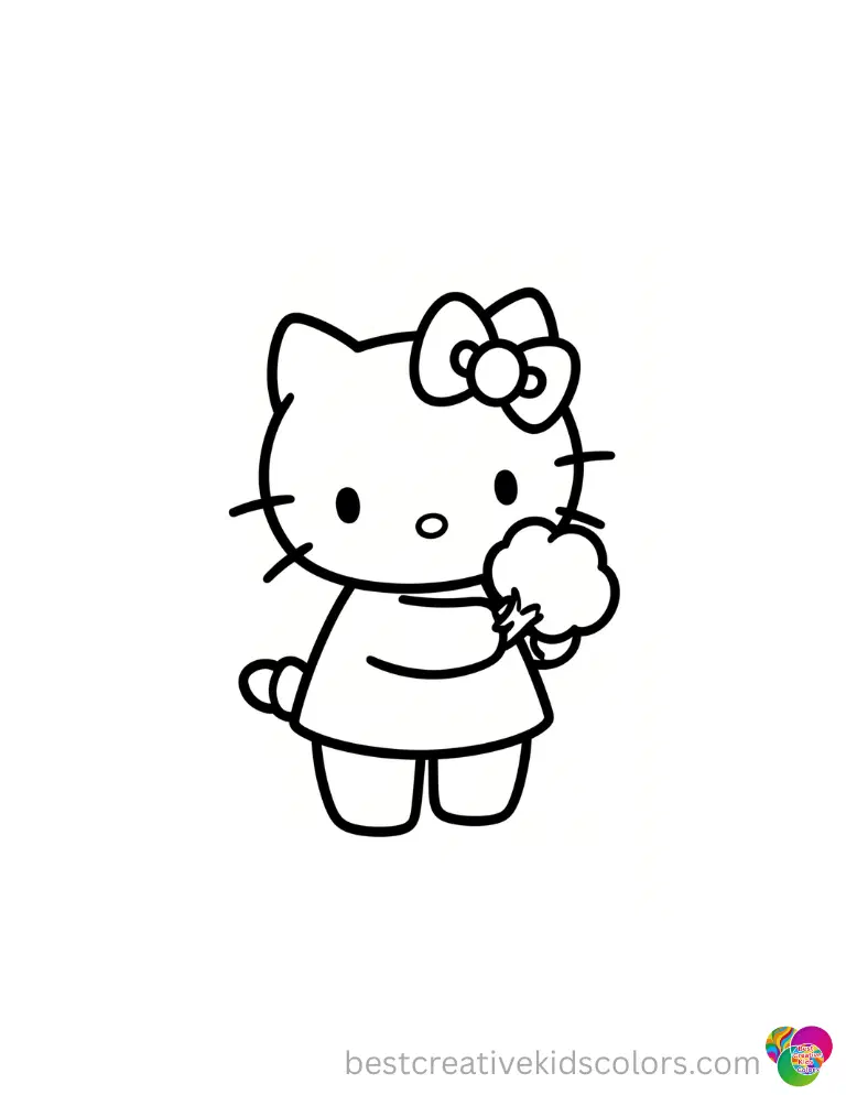 Hello Kitty gracefully drops a soft cotton ball straight down in hello kitty coloring pages simple.
