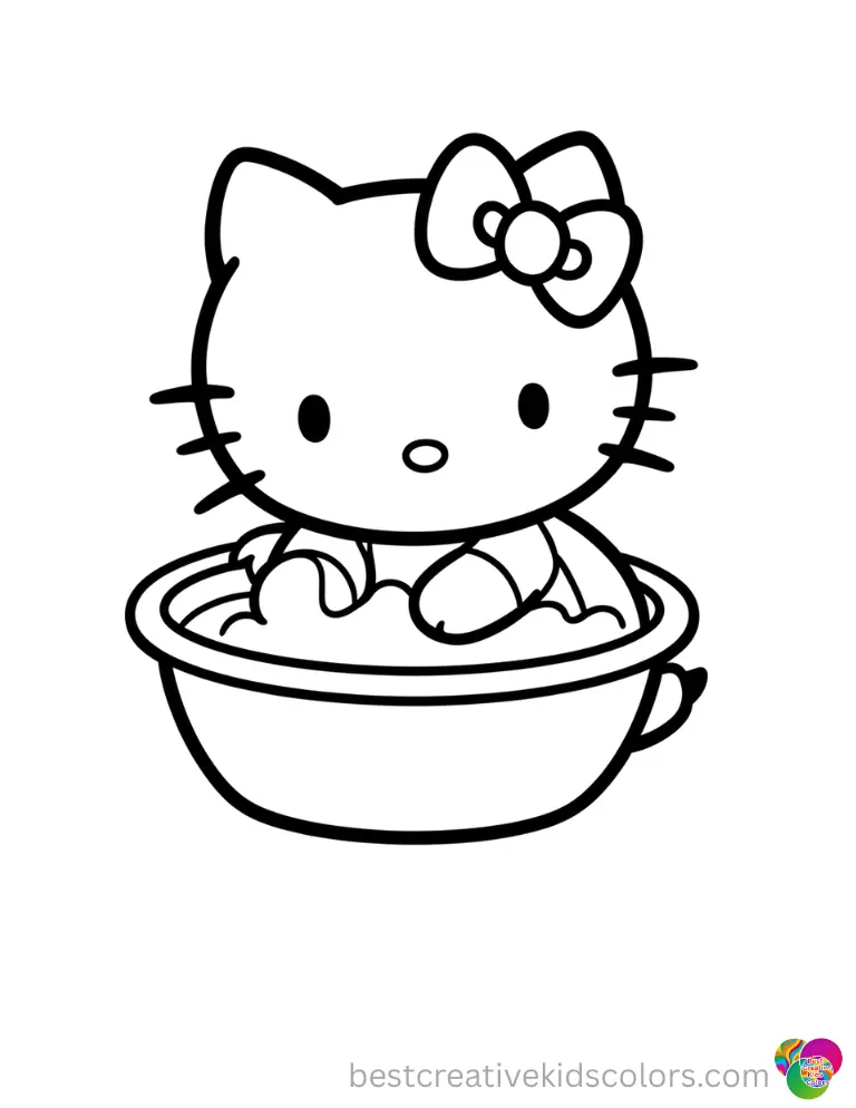 Hello Kitty cleanly washes a deep plastic bowl in Hello kitty coloring sheet free printable.
