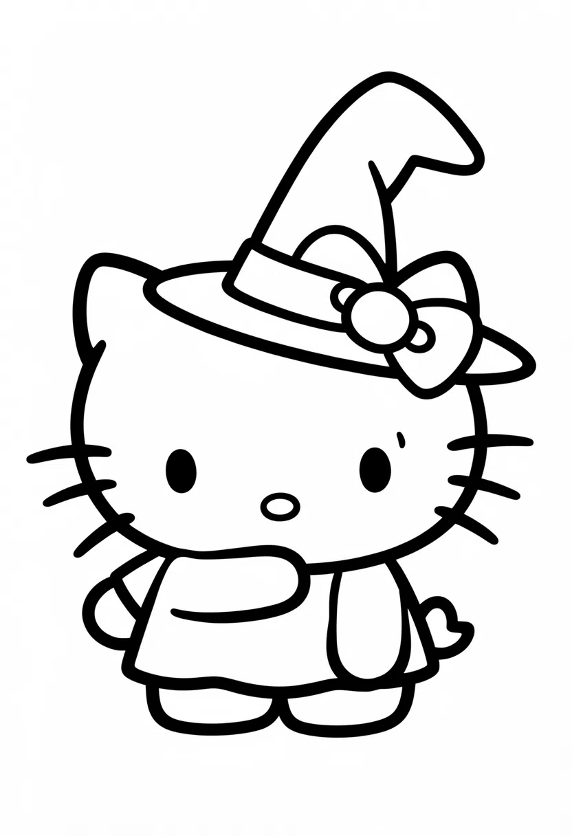 A nice scene in Hello kitty coloring sheets halloween smoothly shows Hello Kitty patting a tall witch hat.