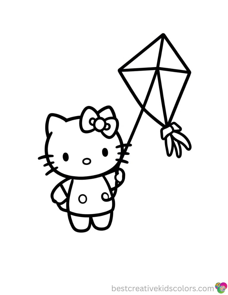 Hello Kitty gracefully flies a simple paper kite in Hello kitty coloring sheets printable.