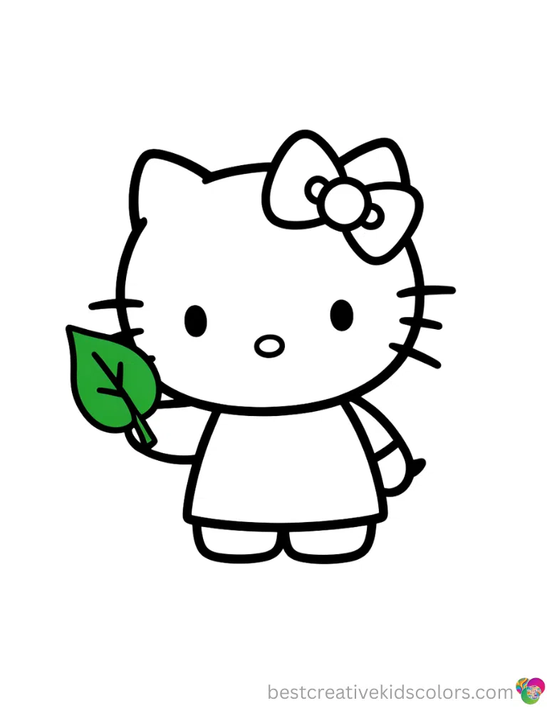 Hello kitty colouring in page Hello Kitty cheerfully touches a simple green leaf in Hello kitty colouring in page today.