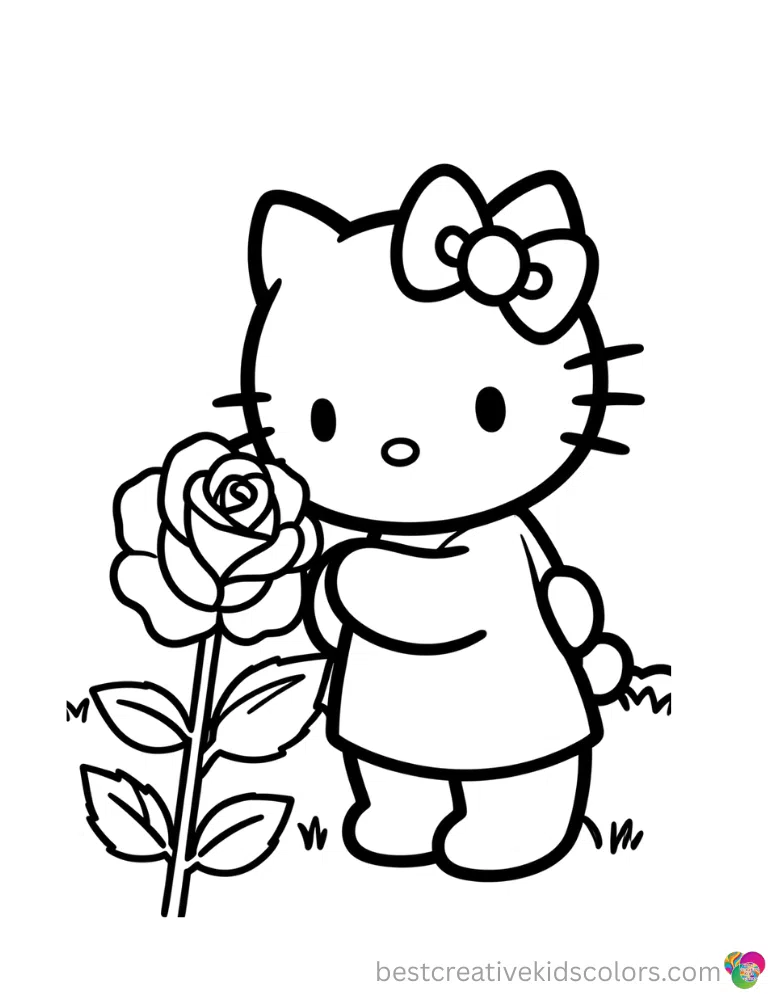 Hello Kitty happily smells a pretty blooming rose in Hello kitty colouring pages outdoors.