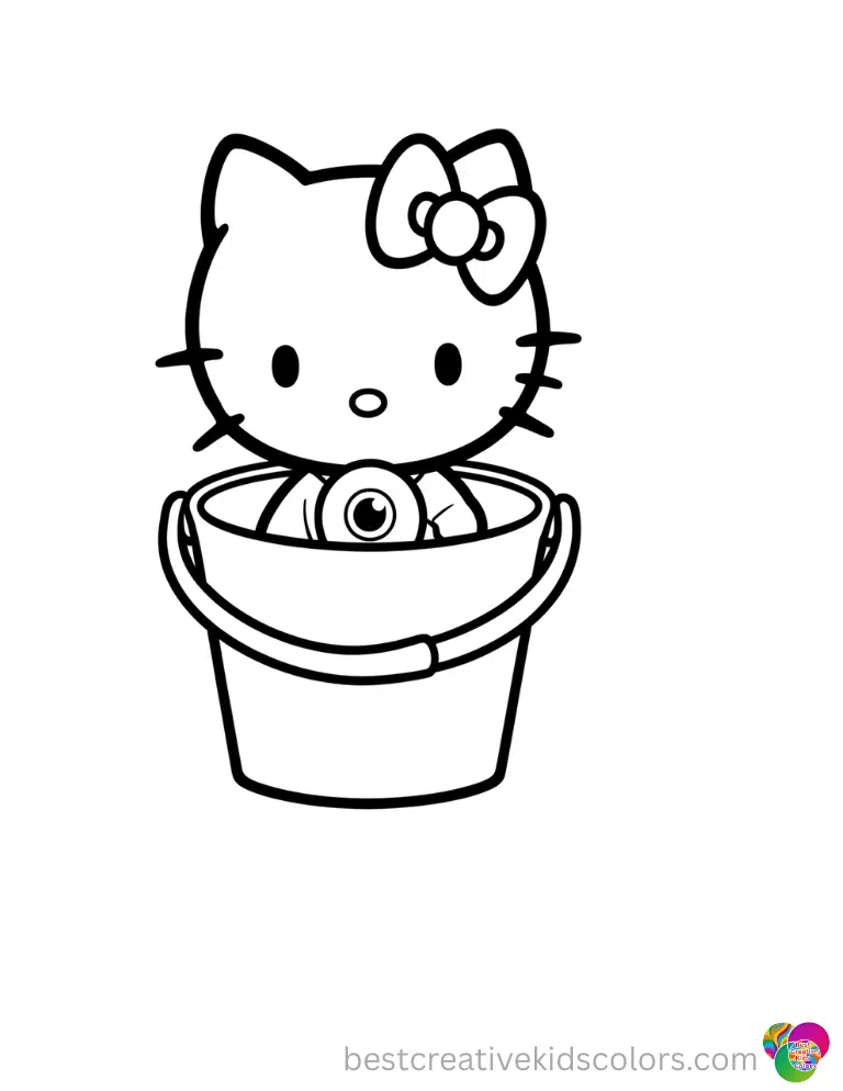 Hello kitty halloween bucket clearly shows Hello Kitty dropping a fake eyeball toy safely.
