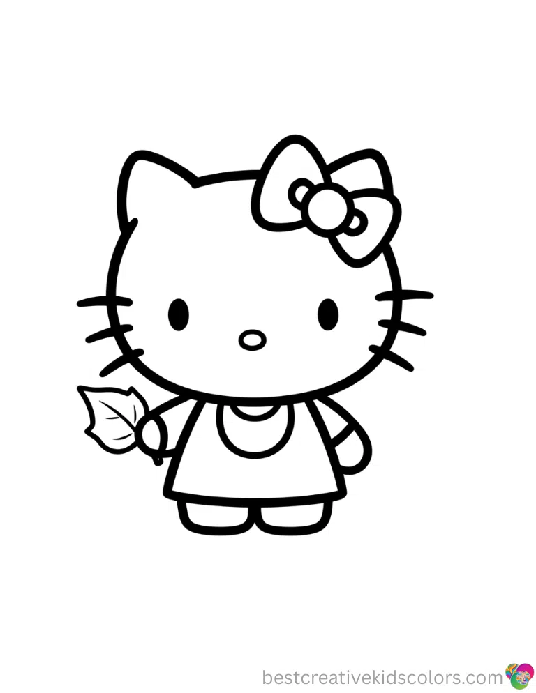 Hello kitty halloween coloring book cleanly displays Hello Kitty touching a smooth autumn leaf.