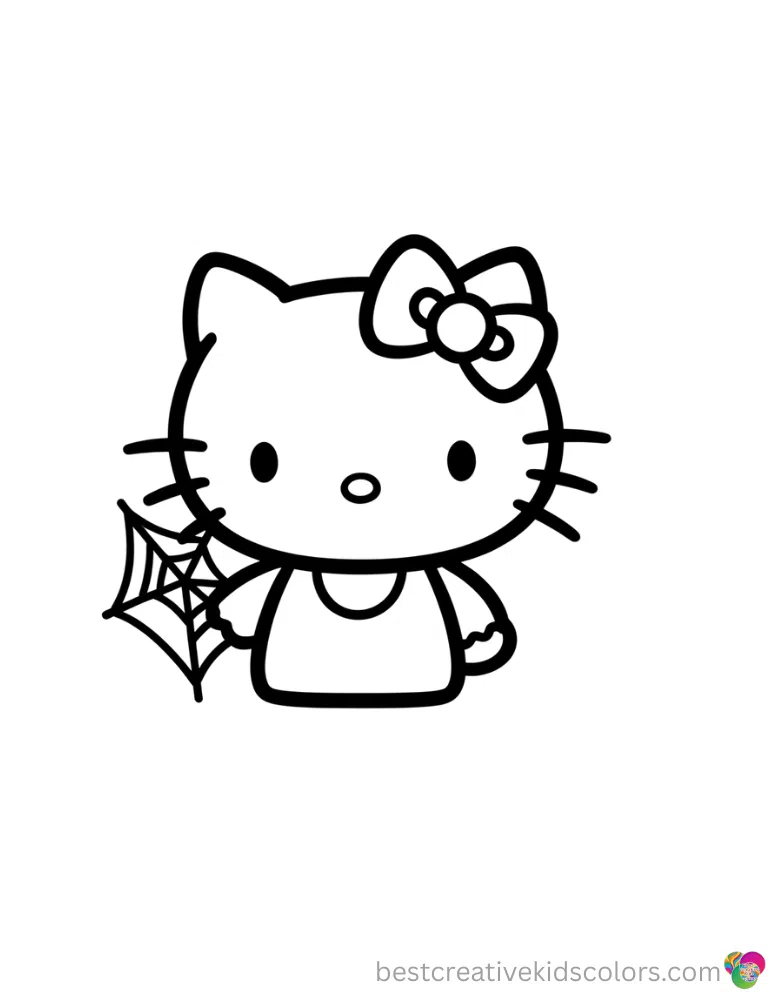 Look inside Hello kitty halloween coloring pictures to see Hello Kitty touching a fake spider web.