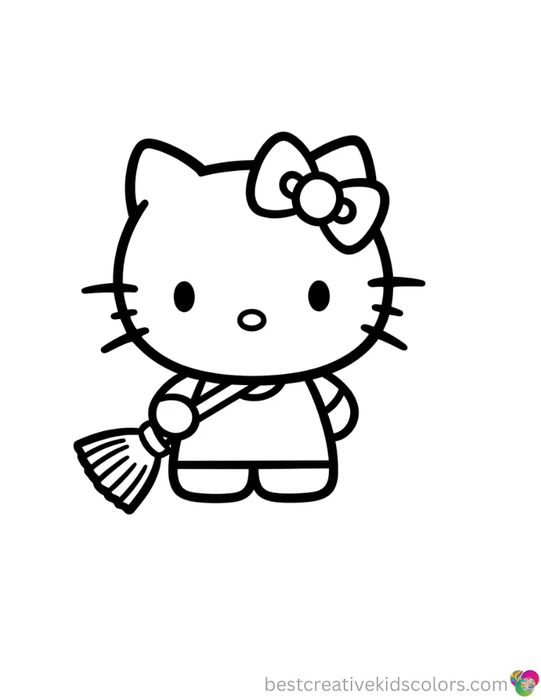 Hello kitty halloween coloring sheet safely displays Hello Kitty carrying a small broom.