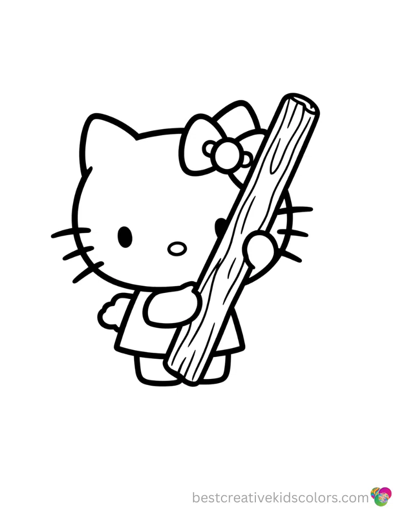 Hello kitty printing coloring pages safely shows Hello Kitty touching a thick wooden stick.