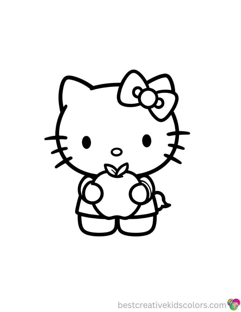 Hello kitty printing coloring pages clearly shows Hello Kitty holding a large round apple.