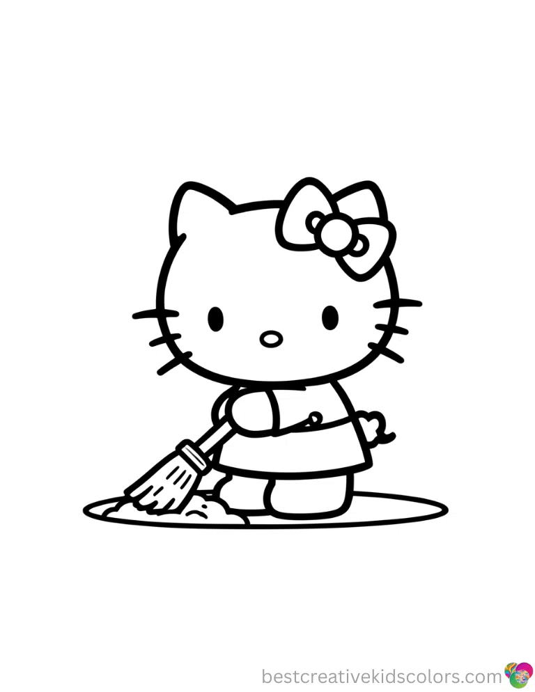 Hello kitty printout beautifully presents Hello Kitty sweeping a tiny patch of dirt flatly.