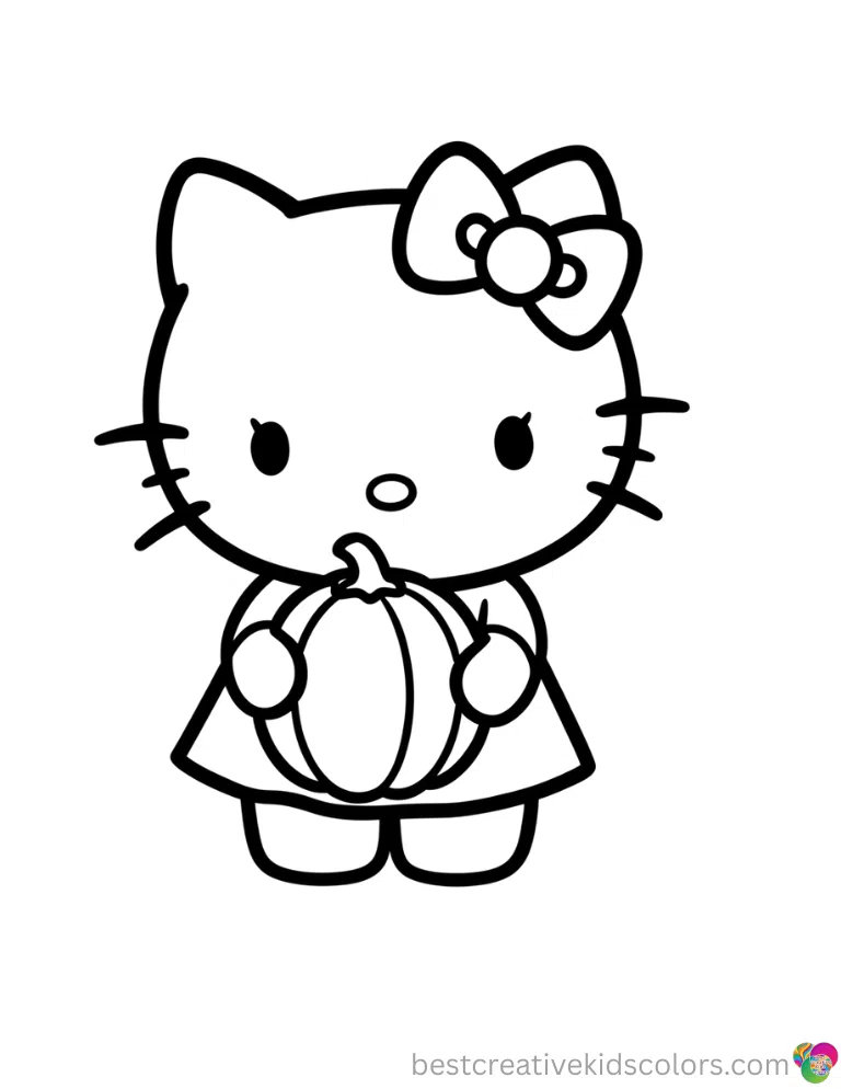 Hello Kitty safely carries a large round pumpkin inside hello kitty pumpkin coloring page.