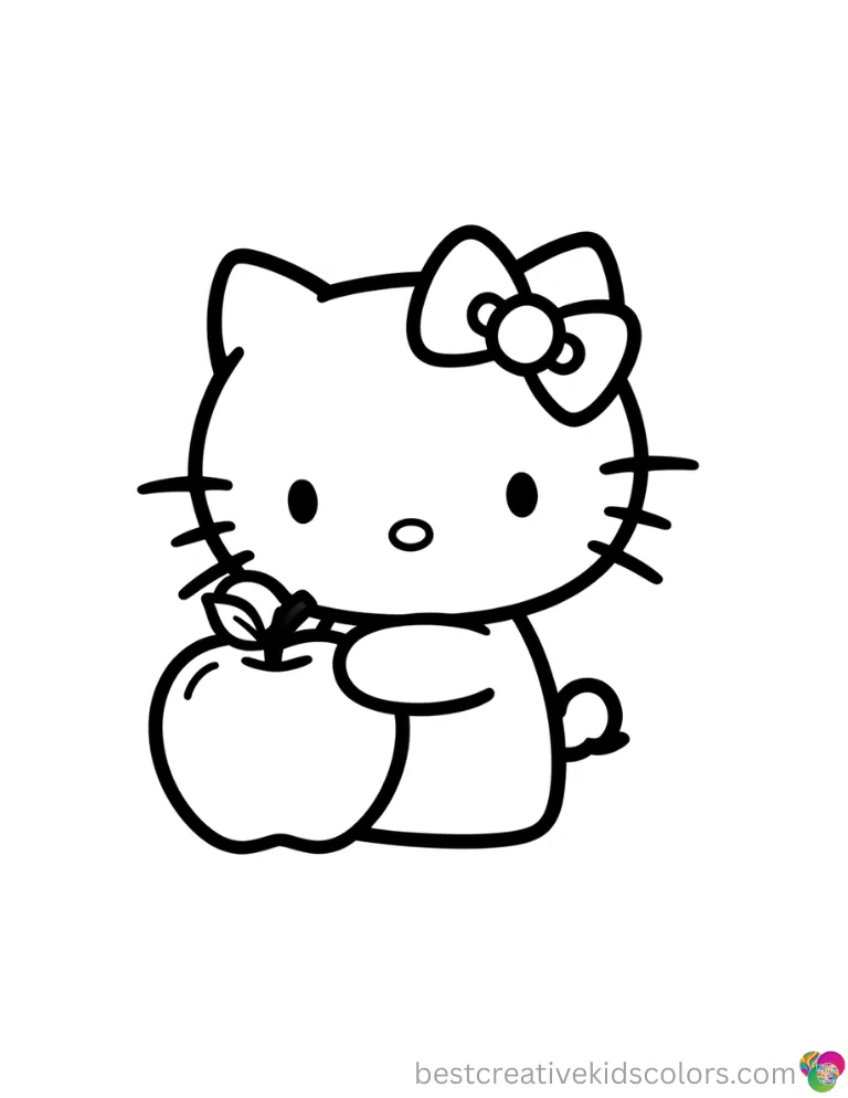 The simple hello kitty thanksgiving coloring smoothly shows Hello Kitty patting an apple.
