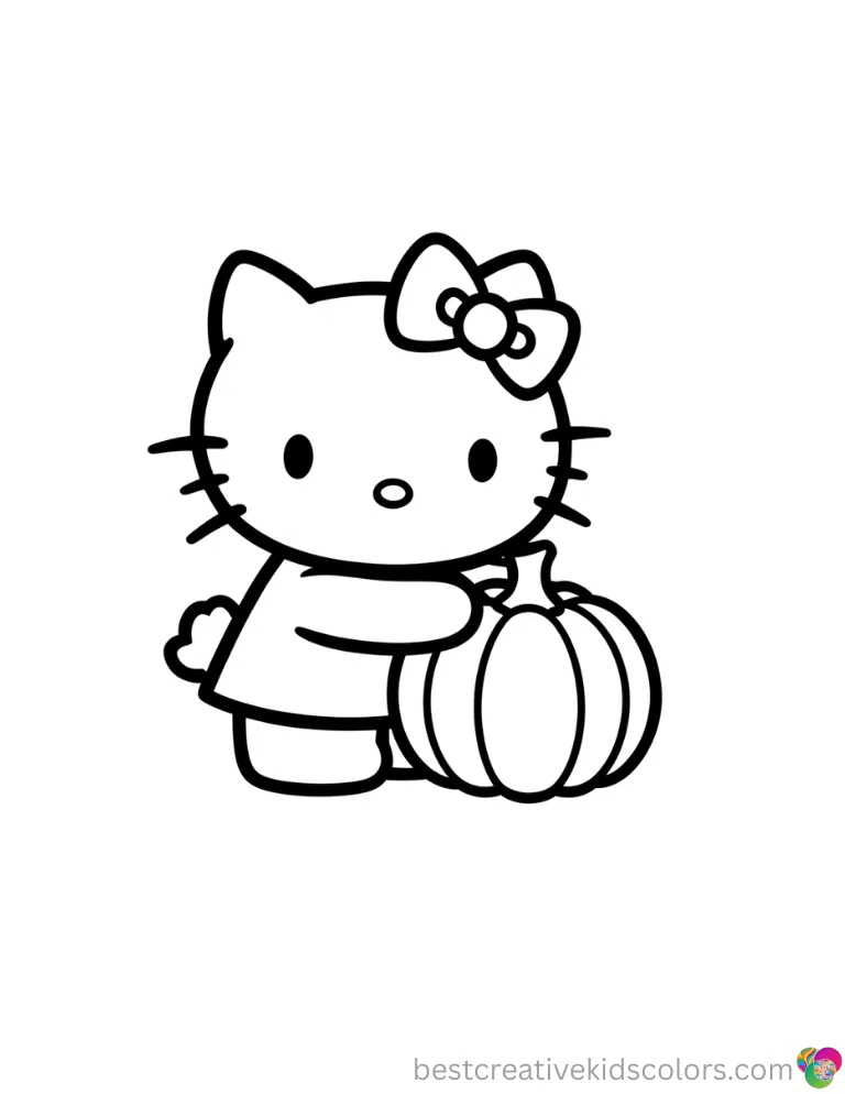 Hello Kitty gracefully touches a round orange pumpkin in hello kitty thanksgiving drawing.