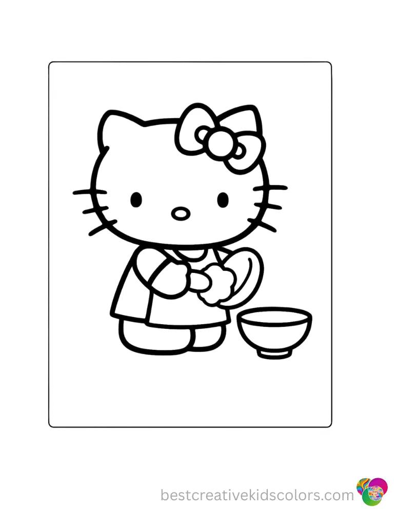 Hello Kitty calmly washes a small ceramic bowl cleanly in hello kitty to color and print.