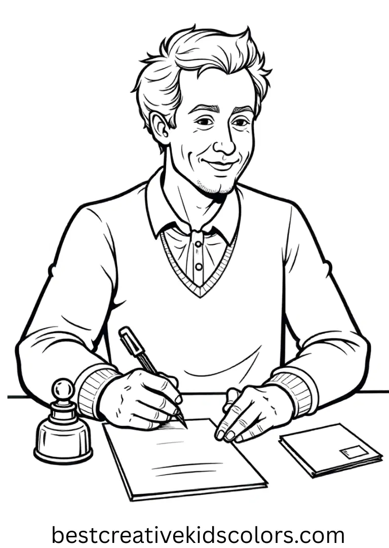 Henry Mayhew sits at a desk, writing notes carefully in a historical scene with a clean white background.