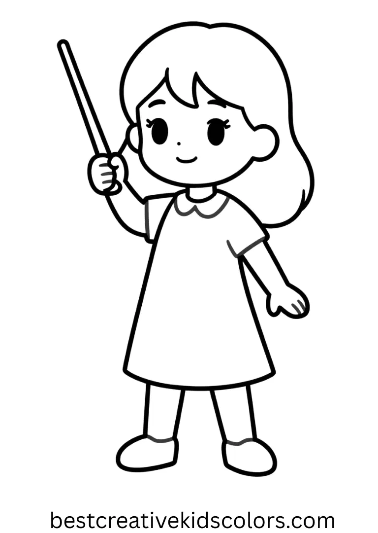 Hermione raises her wand to cast a spell in Hermione Coloring Page, standing in open space.