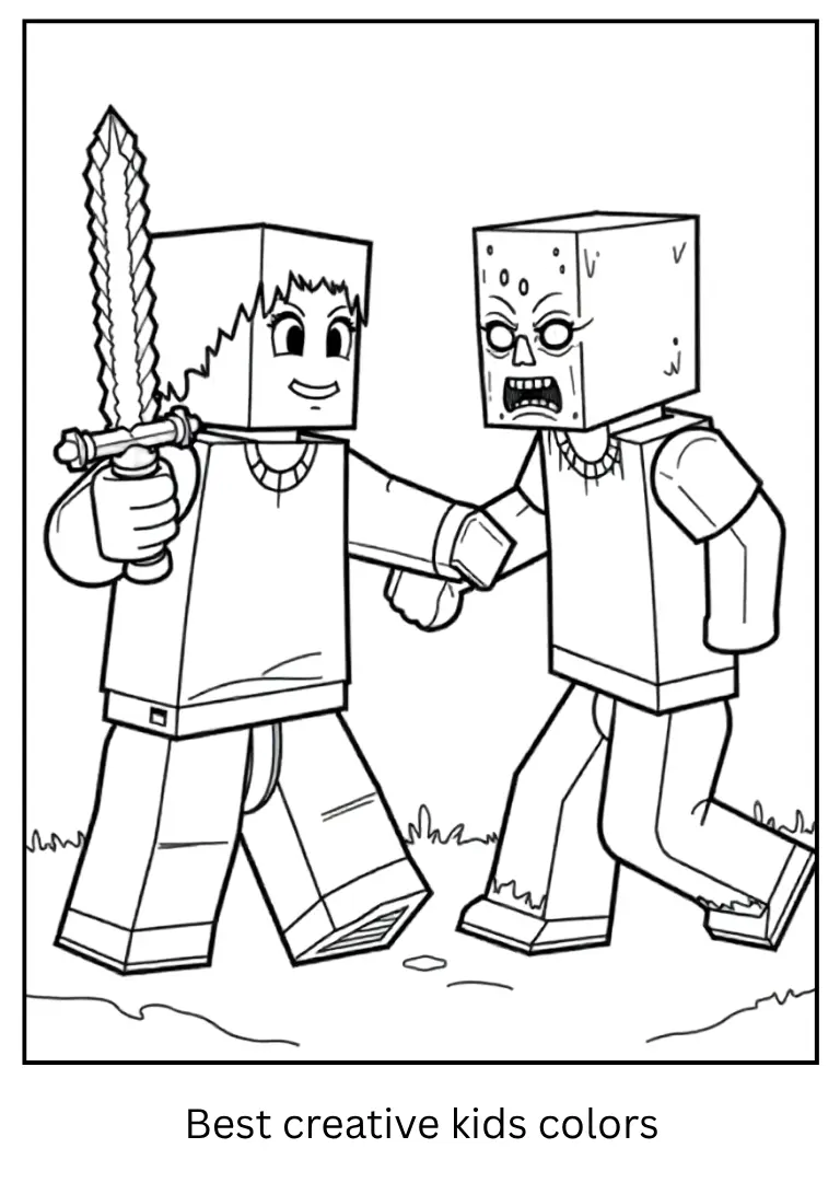 Hero vs Zombie – Minecraft Coloring Page
