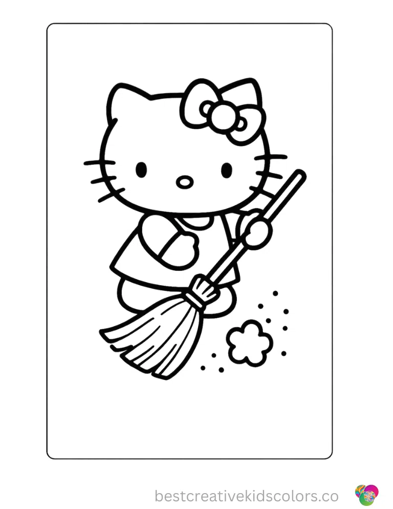 High-Resolution Printable Hello Kitty Line Art Hello Kitty sweeps the dusty floor with a long straw broom.