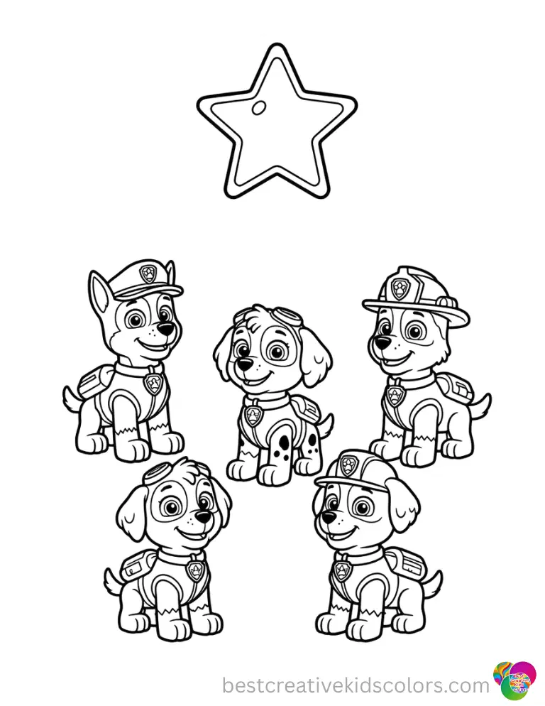 The Paw Patrol pups gaze upward at a shiny star in a completely blank sky.