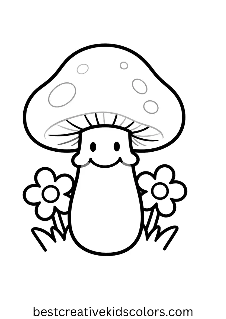Hippie mushroom coloring page easy shows a mushroom with smiling flower companions.