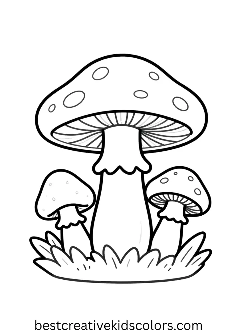 Hippie mushroom coloring page for adults depicts detailed mushrooms and leaf textures.