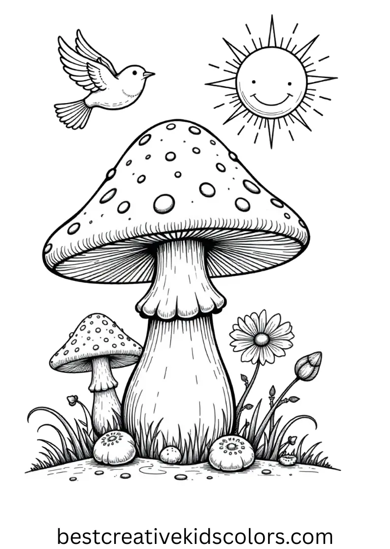 Birds fly above the hippie mushroom coloring page free with a cheerful sun overhead.