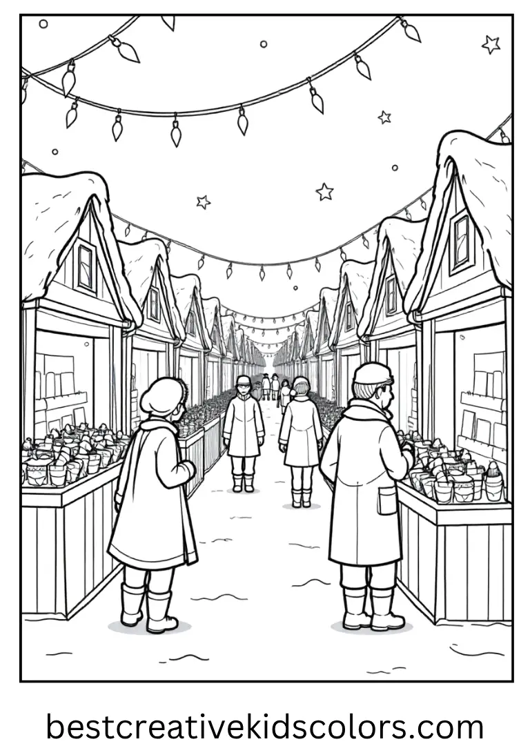 Holiday Market Scene Coloring Sheet Villagers shopping at a festive market with twinkling lights.