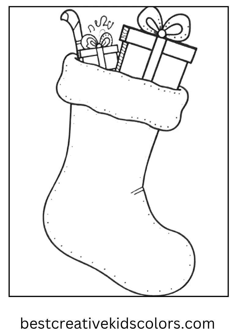 Holiday Stocking with Gifts Coloring Outline A cozy stocking filled with presents and treats.