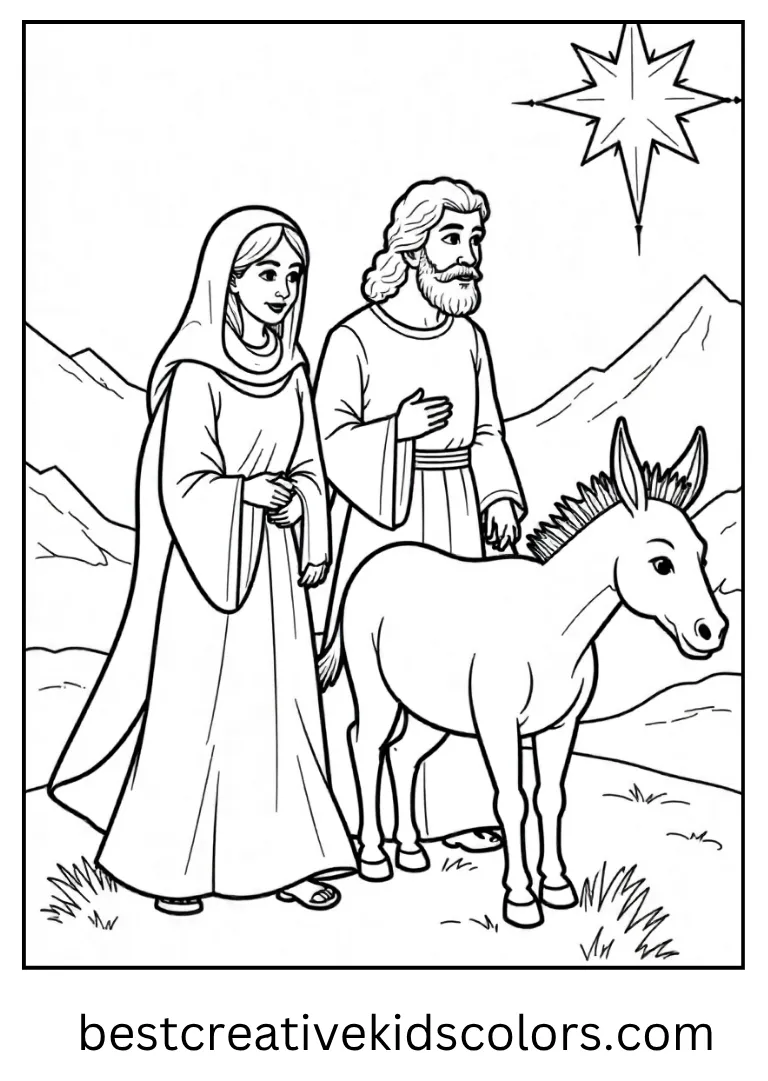 Holy Family Journey Coloring Sheet Mary and Joseph walk beside a donkey under a glowing star.