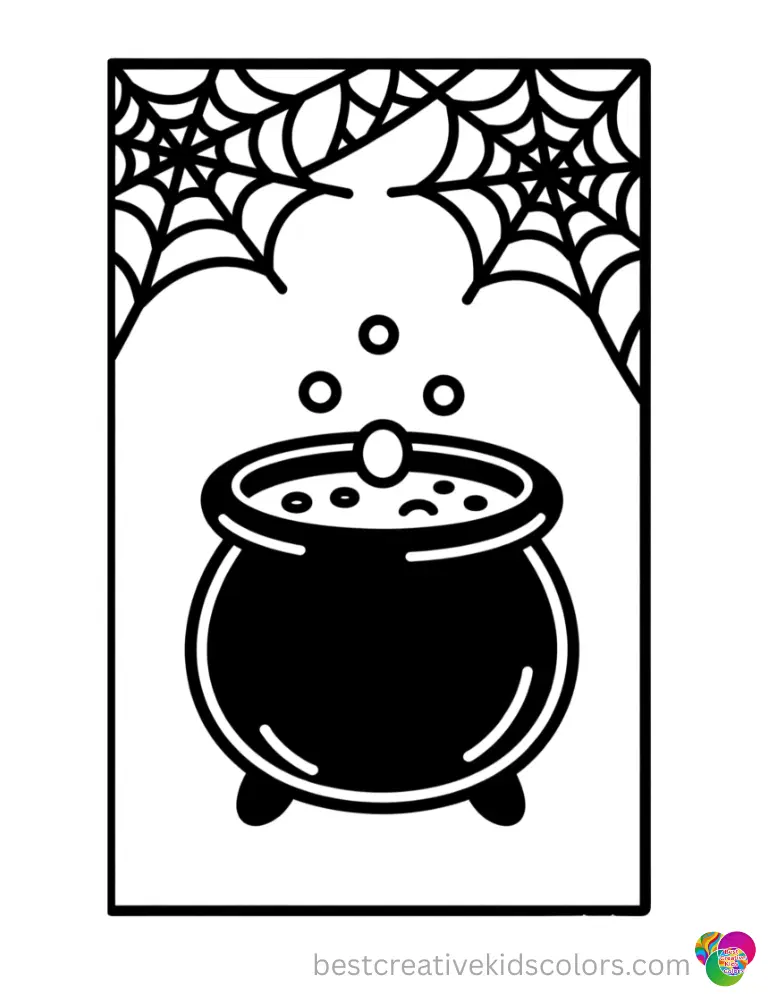 Horror Coloring pages A bubbling potion cauldron in Horror Coloring pages glows under a thick layer of spooky cobwebs.