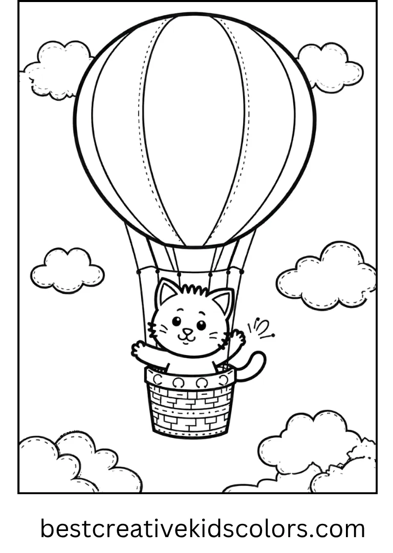 Hot Air Balloon Kitty Adventure Coloring Page