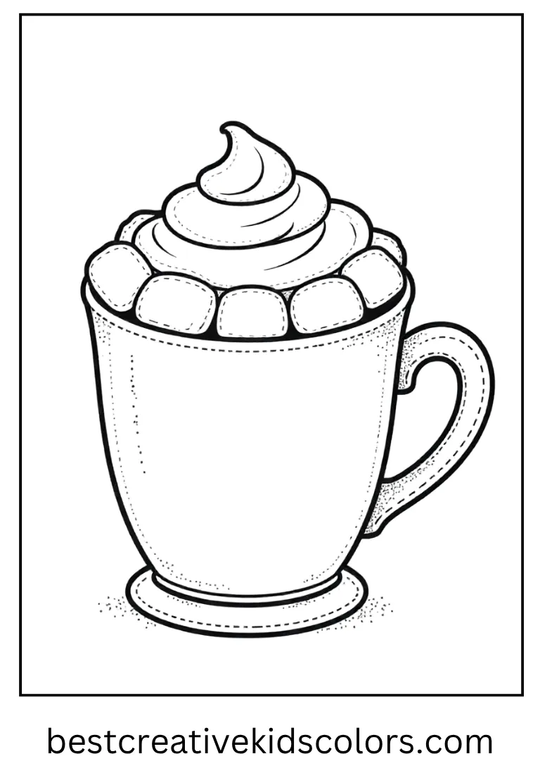 Hot Chocolate with Marshmallows Coloring Outline A festive cup of hot cocoa topped with whipped cream and marshmallows.
