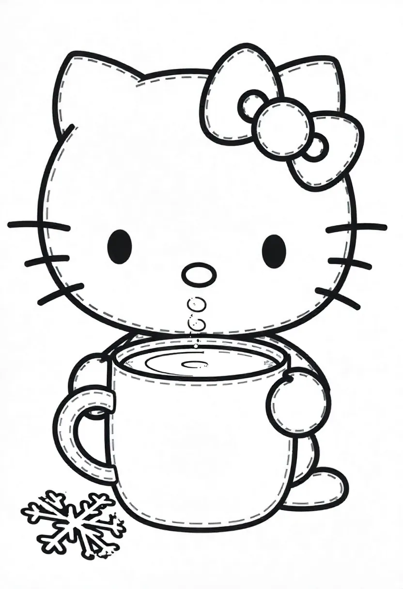 Hot Cocoa Winter Hello Kitty Coloring Page Kitty sips a small mug of cocoa beside a tiny snowflake decoration.