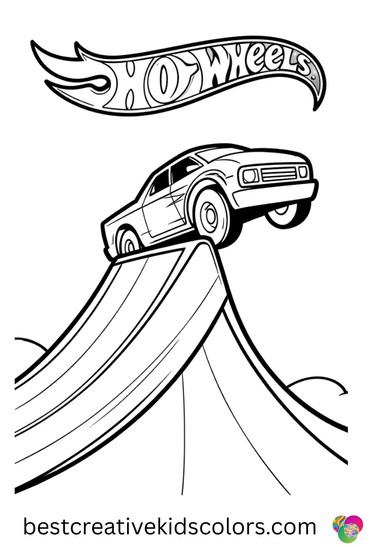 A Hot Wheels truck bounds from a ramp. Bold shapes make coloring enjoyable for beginners.